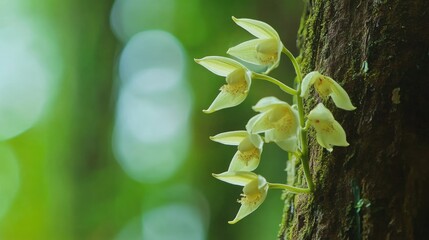 Obraz premium Close up of delicate moon orchid Phalaenopsis amabilis gracefully blooming on a tree in vibrant natural surroundings