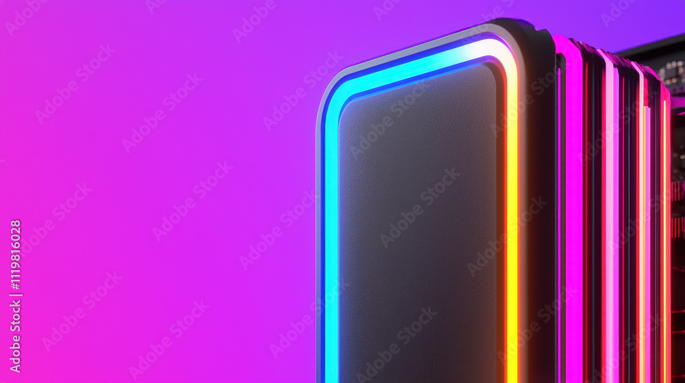 Poster ram and gaming. a vibrant and modern device featuring colorful lighting against a gradient backgroun