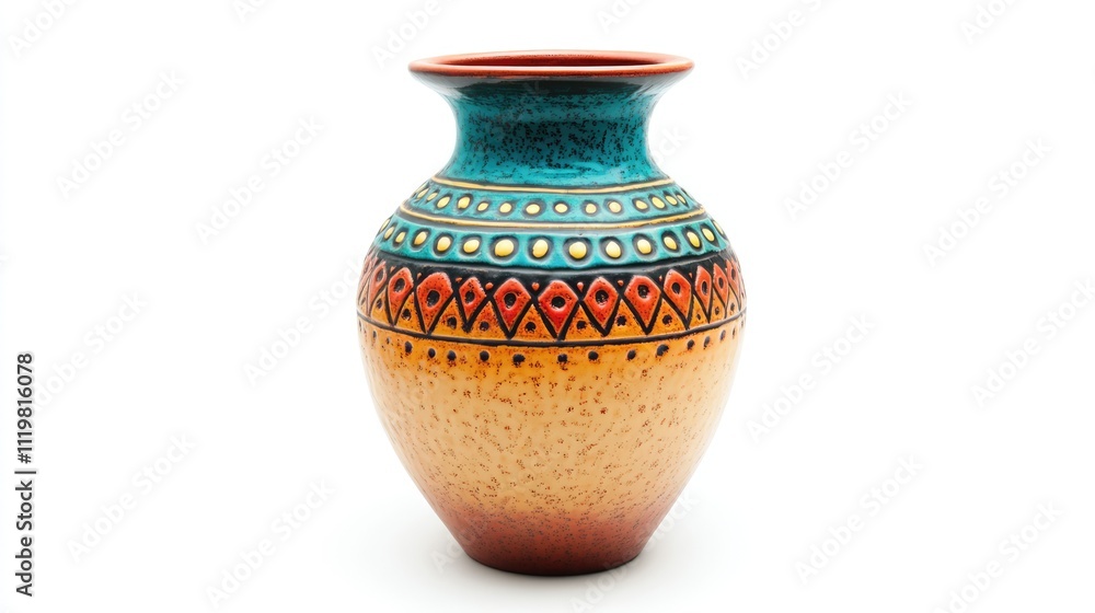 Poster decorative ceramic vase with intricate colorful patterns and a glossy finish on a white background f