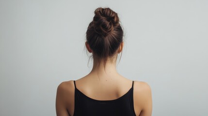 Obraz premium Elegant woman with hair bun seen from behind against a light background showcasing simplicity and beauty in minimalistic photography