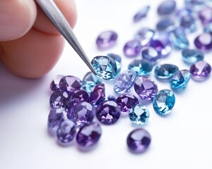Colorful gemstones examined with precision tools on white isolated background.