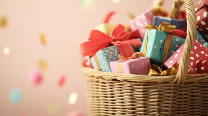Colorful gift boxes in a decorative basket surrounded by confetti on a light background ideal for celebrations and special occasions