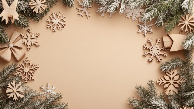 Christmas frame adorned with wooden snowflakes and fir branches on beige background for elegant holiday design and modern poster mockup