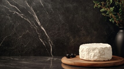 Artisanal whole cheese displayed on a wooden board against a dark background with empty space for text and enticing presentation elements.