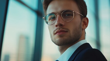 Young businessman in modern office contemplating data analysis and technology trends with a reflective expression and professional attire.