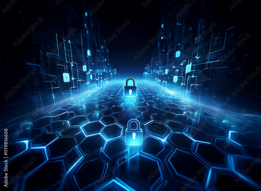 Fototapete a digital landscape of glowing blue hexagons and circuits, featuring padlock icons symbolizing cyber