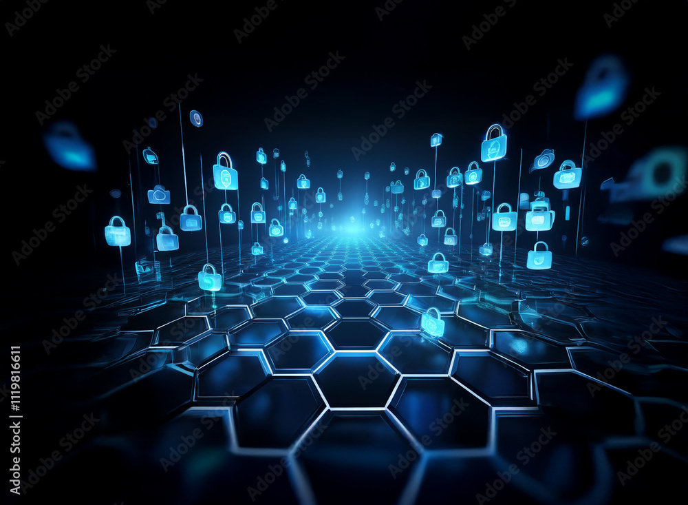 Aufkleber Abstract digital landscape with glowing blue padlock icons floating above a hexagonal grid, symbolizing cybersecurity and data protection.  A futuristic, secure network concept.