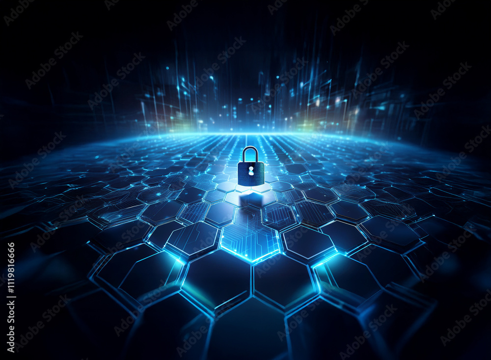 Poster a glowing blue padlock sits atop a futuristic hexagonal grid, representing digital security and glob