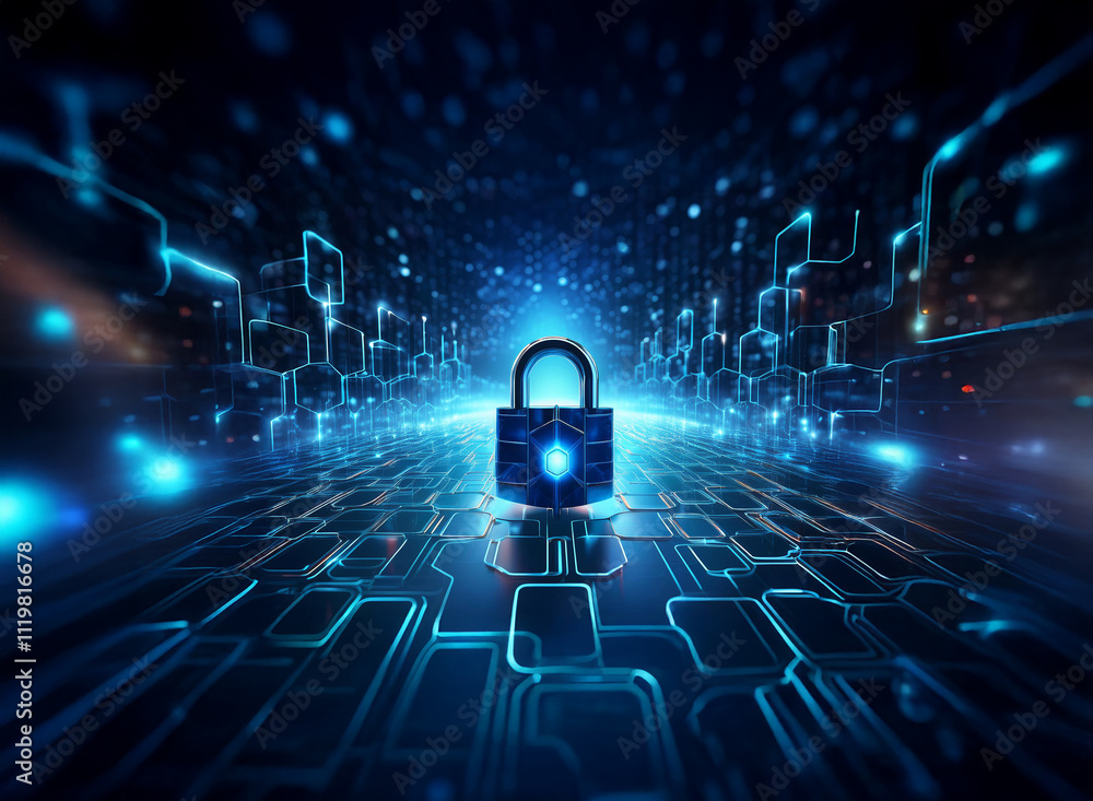 Poster A glowing padlock sits at the center of a digital landscape, symbolizing cybersecurity and data protection within a network.  Blue circuits and glowing particles surround it.