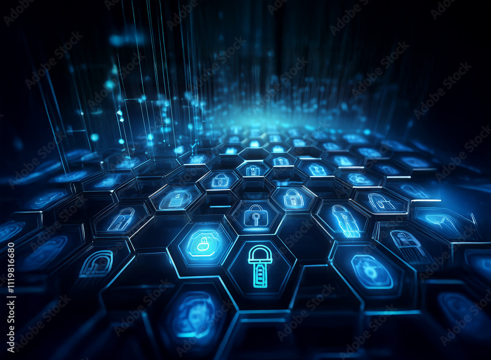 Aufkleber Abstract digital data streams flow into a honeycomb grid of glowing blue icons representing secure information and cybersecurity.