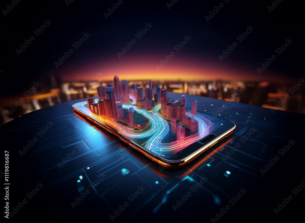 Poster a futuristic cityscape model rests on a smartphone, representing smart city technology and digital u