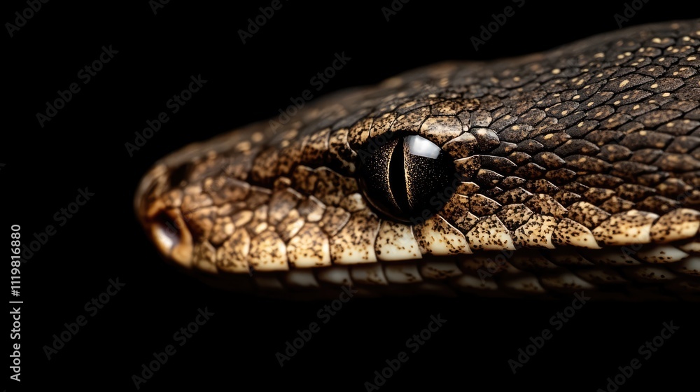 Poster close up of a ball python showcasing detailed scales and eye against a dark background highlighting 