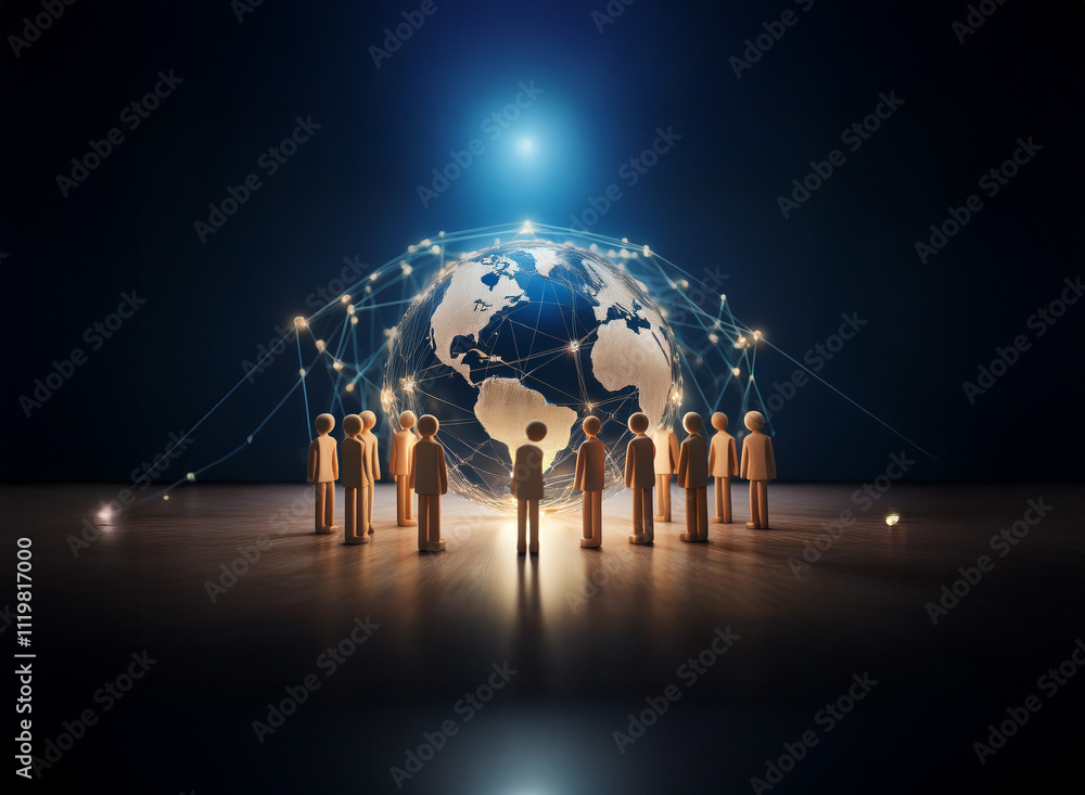 Poster a glowing earth encircled by a network of connections, surrounded by a circle of figures, symbolizes
