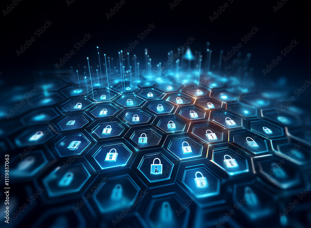 Aufkleber Abstract digital illustration of a network security system.  Hexagonal grid showcases glowing padlock icons, representing data protection and cyber security.
