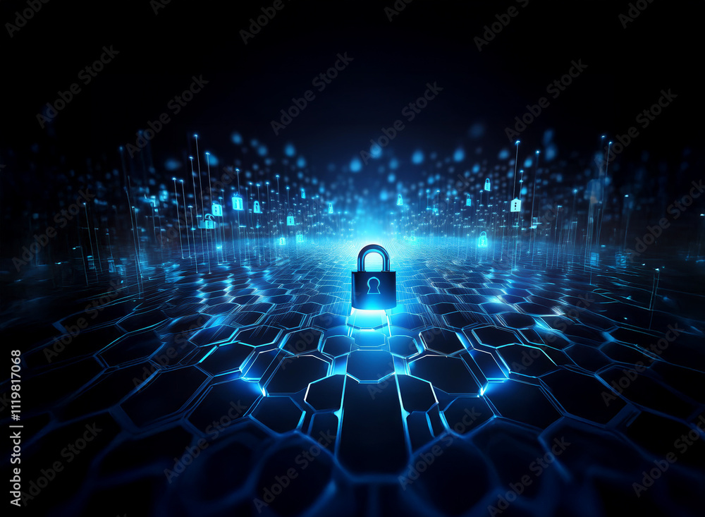 Poster a glowing padlock sits at the center of a digital, hexagonal network, surrounded by blue data stream