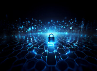 A glowing padlock sits at the center of a digital, hexagonal network, surrounded by blue data...