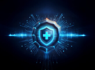 Glowing digital shield with a cross, radiating energy.  Represents digital security and health protection.