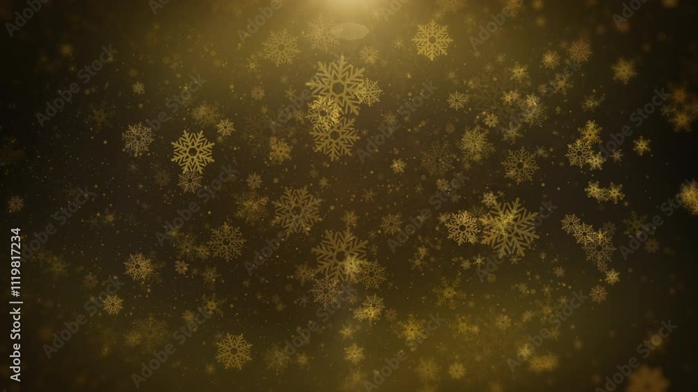 Poster glittering snow flake, gold particle background greeting merry christmas footage with lens flare shi