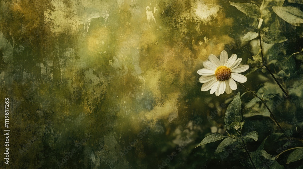 Poster blurred garden backdrop featuring a white flower and green leaves creating a serene and soft texture