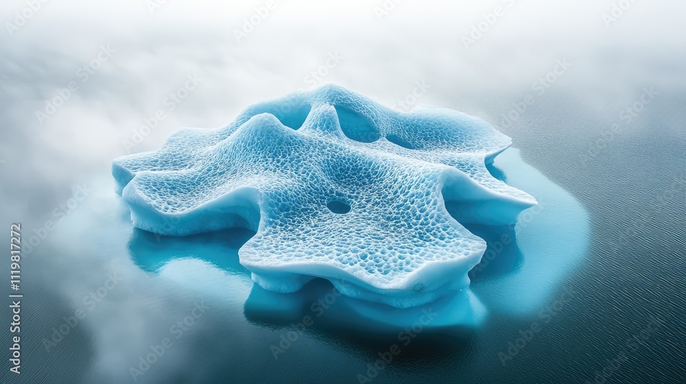 Poster aerial perspective of a unique iceberg with blue textures floating in a serene glacial lagoon surrou