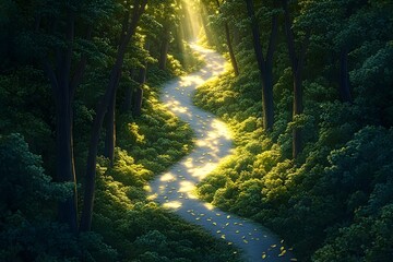 A serene forest path illuminated by sunlight, inviting exploration and tranquility.