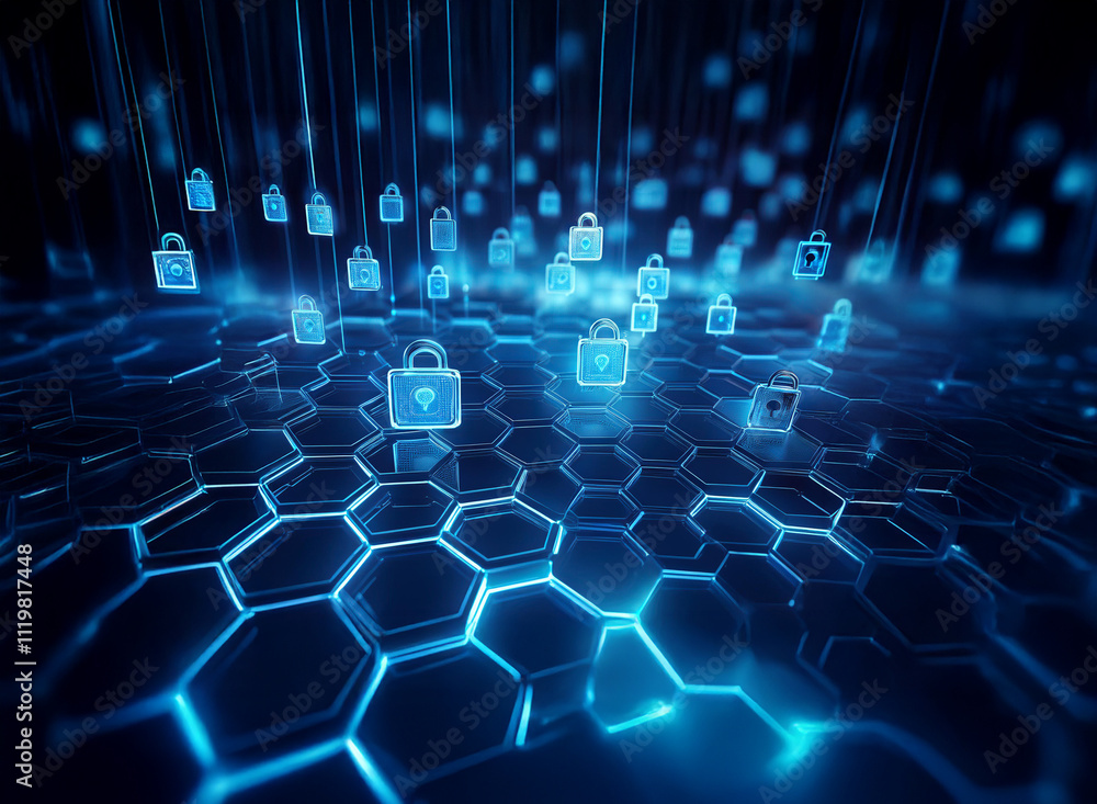 Aufkleber abstract digital illustration depicting a network security system. blue glowing hexagons and padlock