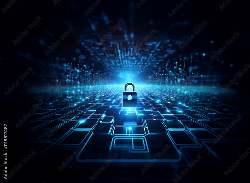 Aufkleber a glowing padlock sits at the center of a digital landscape, symbolizing cybersecurity and data prot