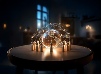 A glowing glass Earth encircled by interconnected lines sits on a table, surrounded by small wooden figures, symbolizing global connection and community.