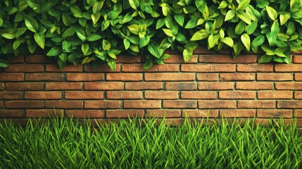 Obraz premium Vintage brick wall background adorned with lush green grass and vibrant foliage for a natural and rustic aesthetic.