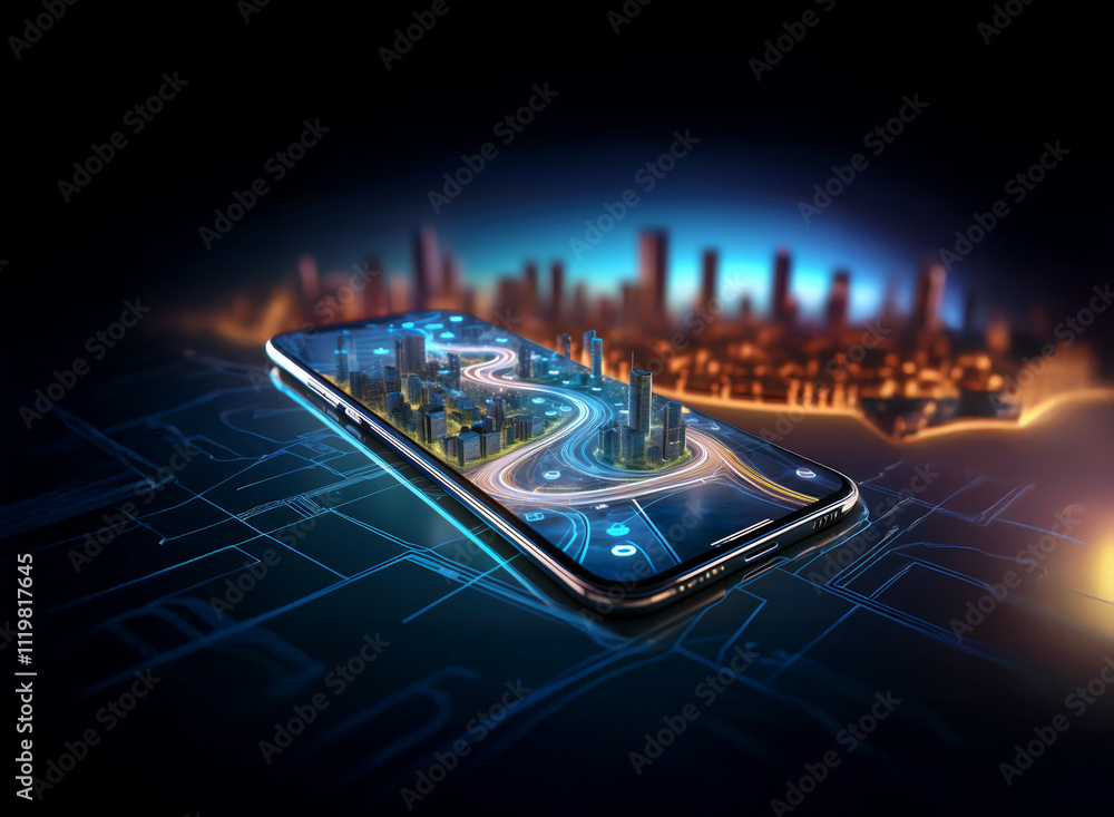 Poster a futuristic city model displayed on a smartphone screen, showcasing advanced navigation and urban p