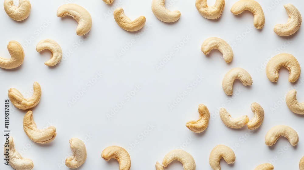 Poster cashew nuts arranged in a circular pattern on a clean white background showcasing their unique shape