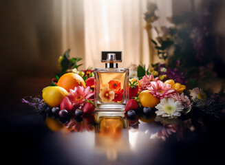 A perfume bottle, square and amber, sits amidst a vibrant still life of citrus fruits, berries, and blossoms. Sunlight streams in, creating a warm, inviting glow.