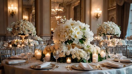 Elegant White Floral Wedding Reception Table Setting