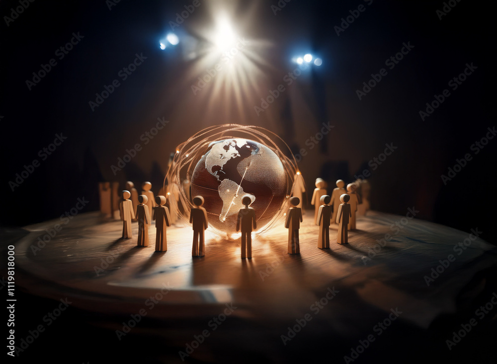 Poster A glass globe encircled by miniature figures stands illuminated on a dark stage, symbolizing global unity and connection under a spotlight.