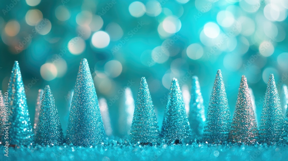 Poster christmas festive background featuring shimmering blue bokeh with sparkling toy trees creating a mag