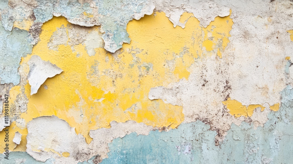 Poster textured wall background with peeling yellow and blue paint creating a weathered and rustic design f