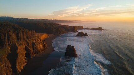 Aerial view of dramatic cliffs and serene river along the coastline at sunset showcasing nature's beauty and tranquility