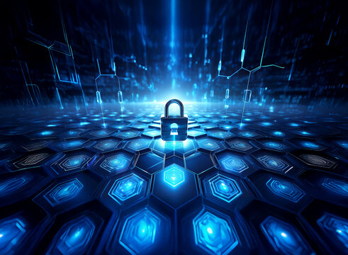 A glowing blue padlock sits at the center of a hexagonal grid, representing digital security and data protection within a futuristic, technological landscape.  Bright light emanates from the backgroun - Powered by Adobe