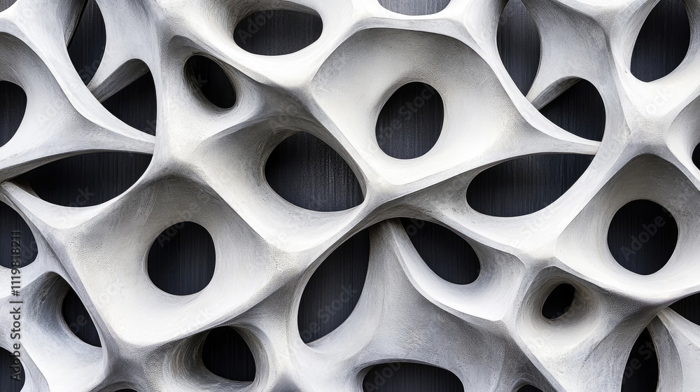 Poster abstract architectural wall design with intricate cutouts and patterns in white and gray tones showc