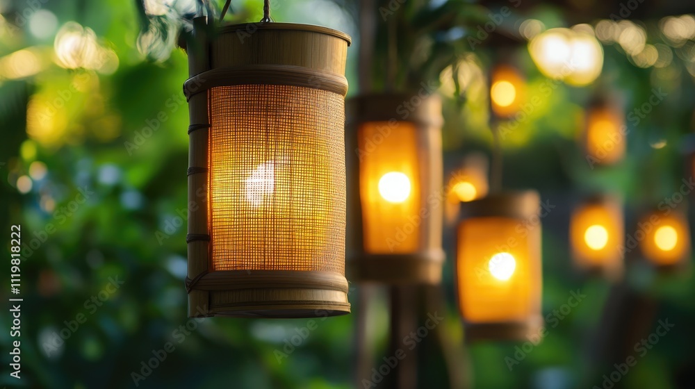 Poster rustic bamboo lanterns hanging in a lush garden atmosphere creating a warm and inviting glow during 