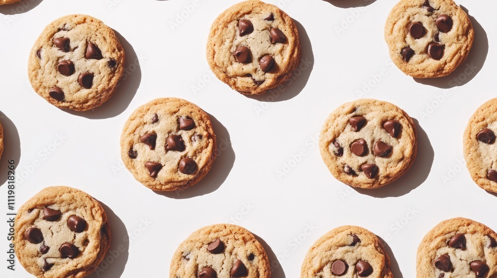 Poster assorted chocolate chip cookies arranged on a white surface showcasing their textures and chocolate 