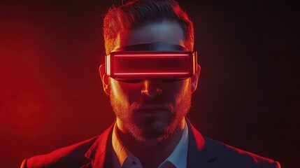 Young businessman wearing virtual reality glasses immersed in digital fraud prevention concept with dramatic lighting and modern technology atmosphere