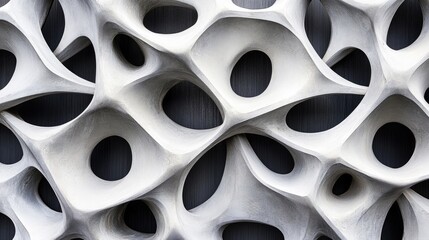 Abstract architectural wall design with intricate cutouts and patterns in white and gray tones showcasing modern aesthetics and dimensionality.