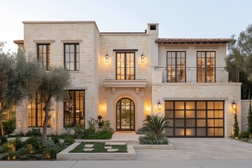 Fototapeta premium Stunning modern home exterior suburban area real estate photography evening light front view luxury lifestyle