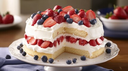 Delicious layered cake topped with fresh strawberries and blueberries on a festive table setting