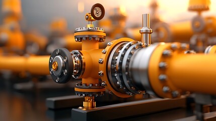 Fototapeta premium A detailed view of industrial pipes and valves in a large refinery, with gleaming metal surfaces and soft lighting reflecting the precision of engineering, Ultra-Realistic, Photo Realistic, 