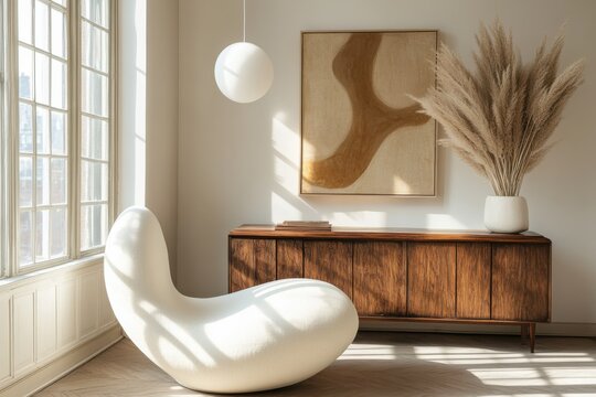 Fototapeta Modern minimalist interior white curved organic chair