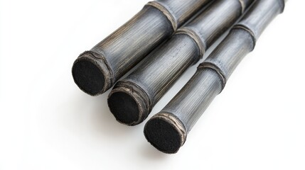Fototapeta premium Bamboo charcoal sticks crafted for natural purification and detoxification on a clean white background