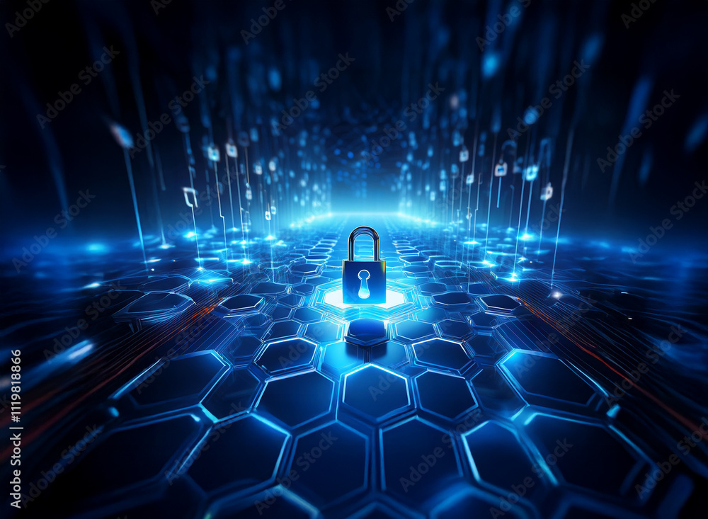 Poster A glowing padlock sits at the center of a digital landscape, surrounded by binary code falling like rain.  The hexagonal grid represents a secure digital network.