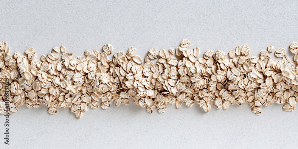 Poster flat lay of rolled oats arranged in creative wave pattern on matte white surface under bright studio
